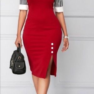 Houndstooth Print Side Slit Button Detail Dress